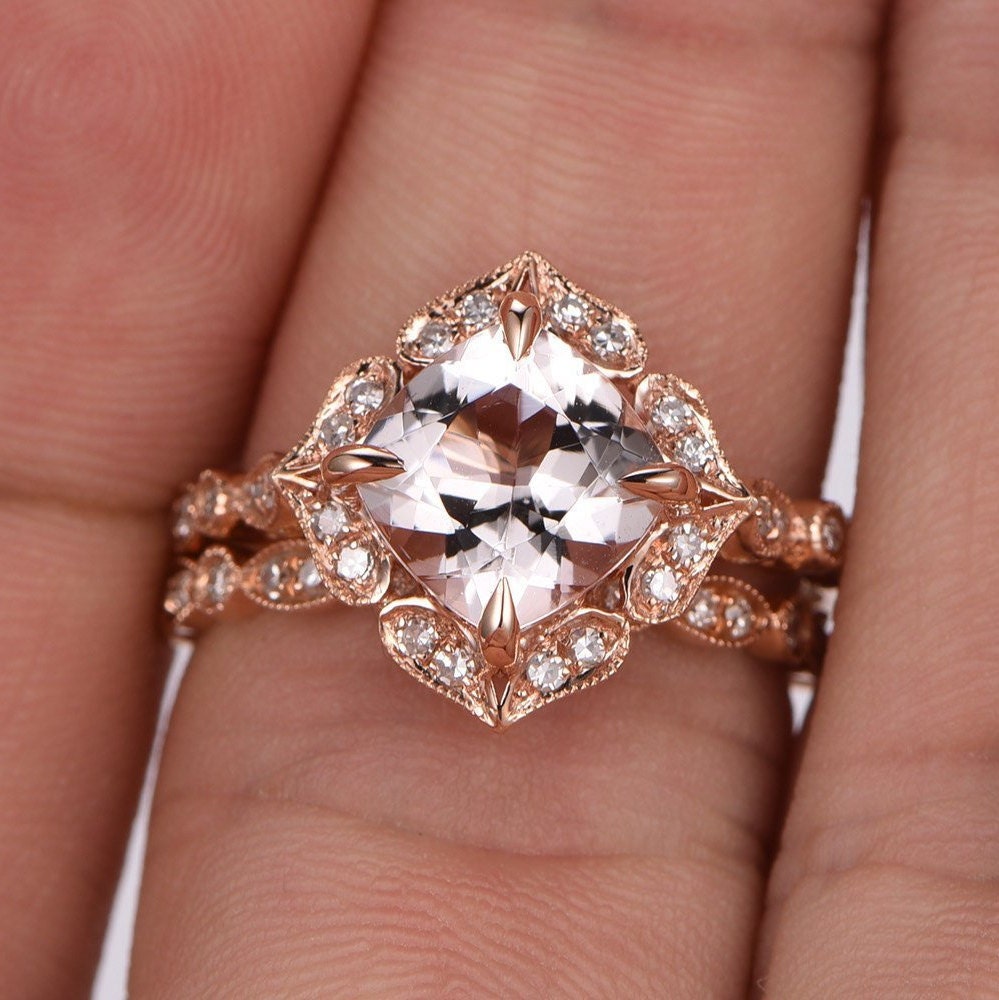 Morganite ring set 7mm cushion cut morganite engagement ring floral vintage ring half eternity diamond wedding band solid 14k rose gold ring