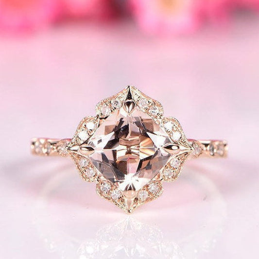 Natural morganite engagement ring 7mm cushion cut morganite ring floral diamond halo diamond wedding band solid 14k rose gold stacking ring