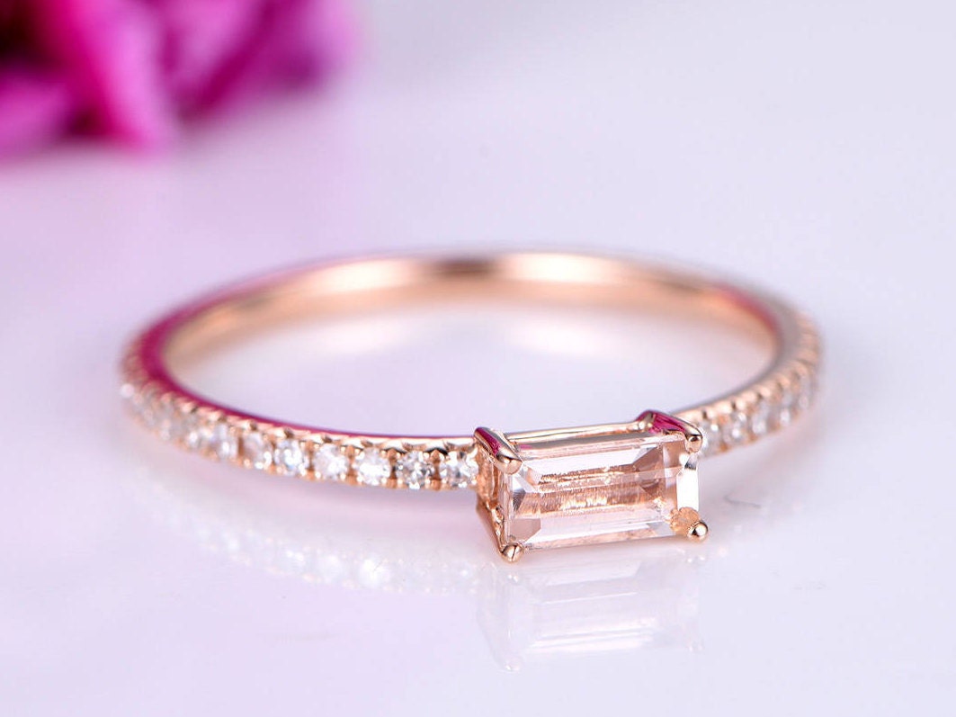 Baguette Morganite engagement ring natural morganite ring diamond ring diamond wedding band stacking ring bridal ring 14k rose gold ring