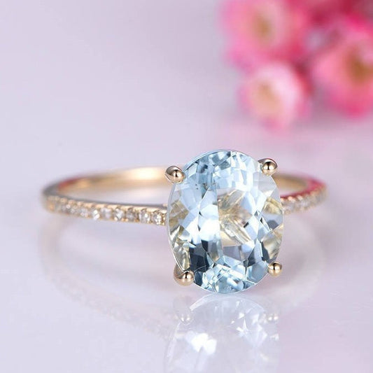 Aquamarine ring natural aquamarine engagement ring 8x10mm oval cut gemstone diamond thin band delicate jewelry custom ring 14k yellow gold
