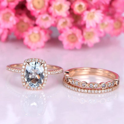 Aquamarine engagement ring set half eternity diamond wedding band blue topaz matching band 14k white gold 3pcs wedding ring set