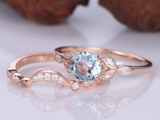 Aquamarine ring set aquamarine engagement ring 6.5mm round cut natural gem stone curved diamond matching band milgrain style ring rose gold