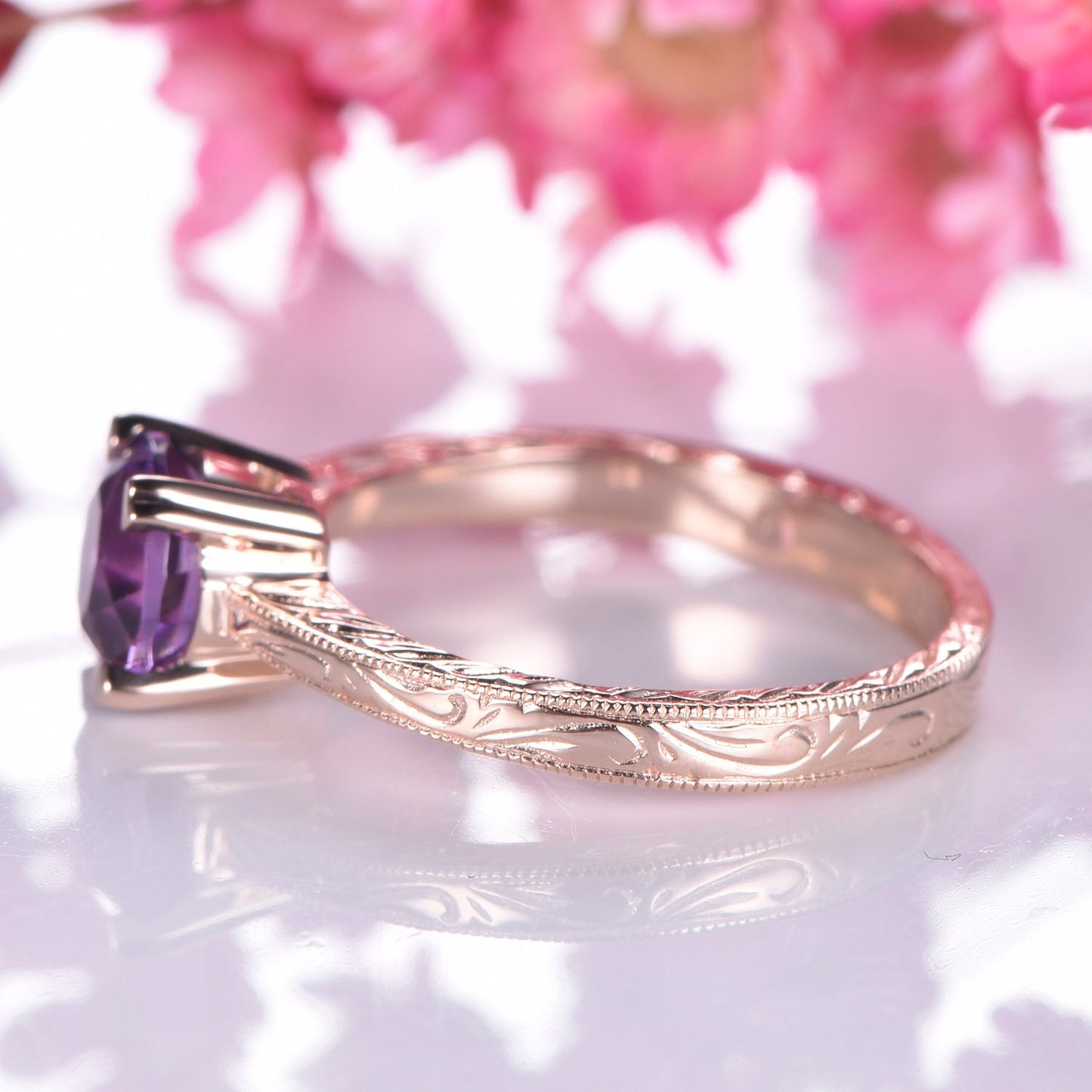 Amethyst engagement ring 14k rose gold filigree wedding band 6.5mm round cut IF natural birthstone plain gold band promise ring