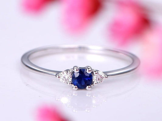 Sapphire ring 4mm round cut sapphire engagement ring diamond ring plain gold band solid14k white gold ring custom jewelry bridal ring