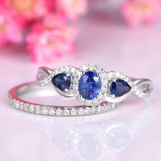 Sapphire ring set sapphire engagement ring three blue main stone half eternity diamond wedding band14k white gold ring set anniversary