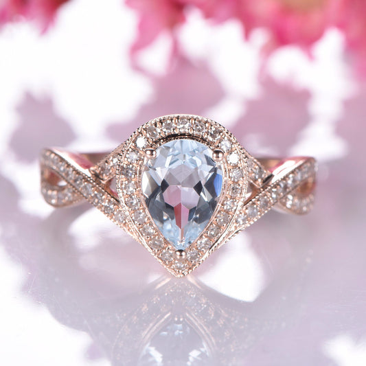 Aquamarine engagement ring split shank solid 14k rose gold wedding band 6x8mm pear cut VVS aquamarine natural diamond accents promise ring
