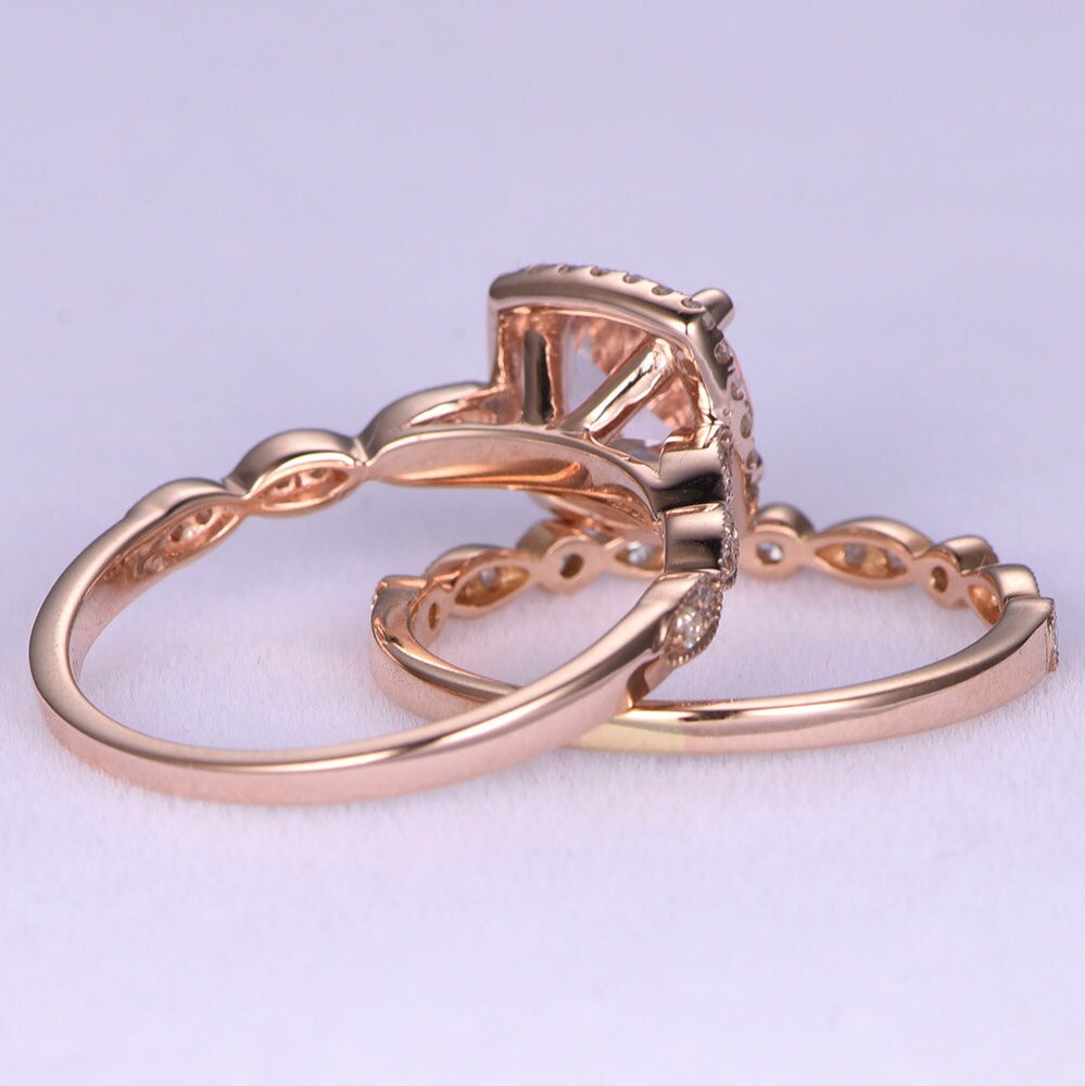 Morganite ring set 7mm round cut morganite engagement ring milgrain diamond ring art deco diamond wedding band bridal ring set 14k rose gold