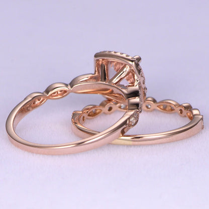 Morganite ring set 7mm round cut morganite engagement ring milgrain diamond ring art deco diamond wedding band bridal ring set 14k rose gold