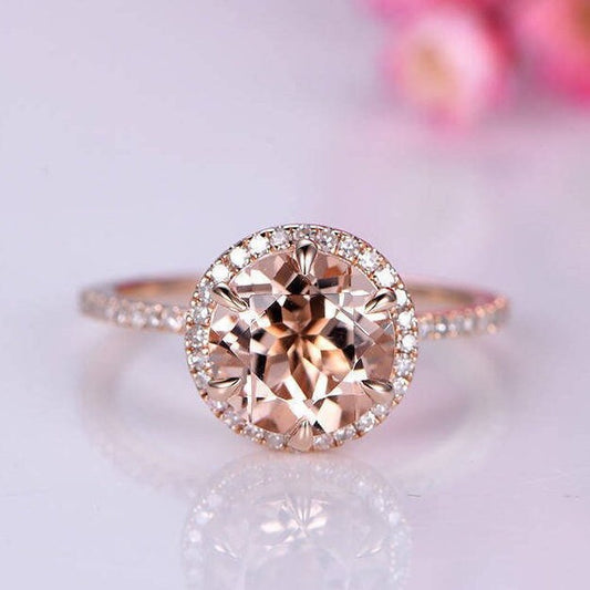 Morganite engagement ring 8mm round cut morganite ring big gemstone ring diamond thin band delicate design ring solid 14k rose gold
