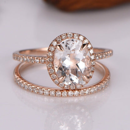 Morganite engagement ring set 6x8mm oval morganite ring full eternity diamond wedding band diamond matching band petit ring 14k rose gold