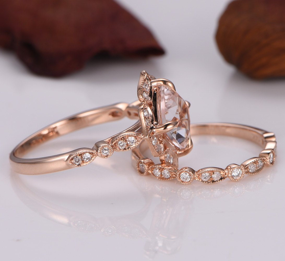 Morganite ring set 7mm cushion cut morganite engagement ring floral vintage ring half eternity diamond wedding band solid 14k rose gold ring