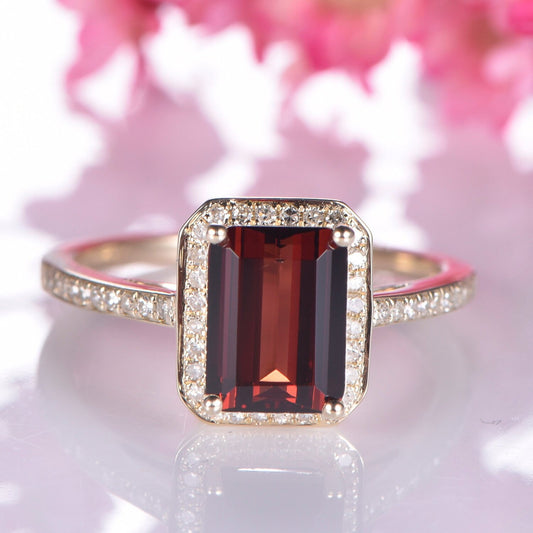 Garnet engagement ring 14k yellow gold 6x8mm emerald cut natural birthstone diamond halo promise ring diamond wedding band vintage style