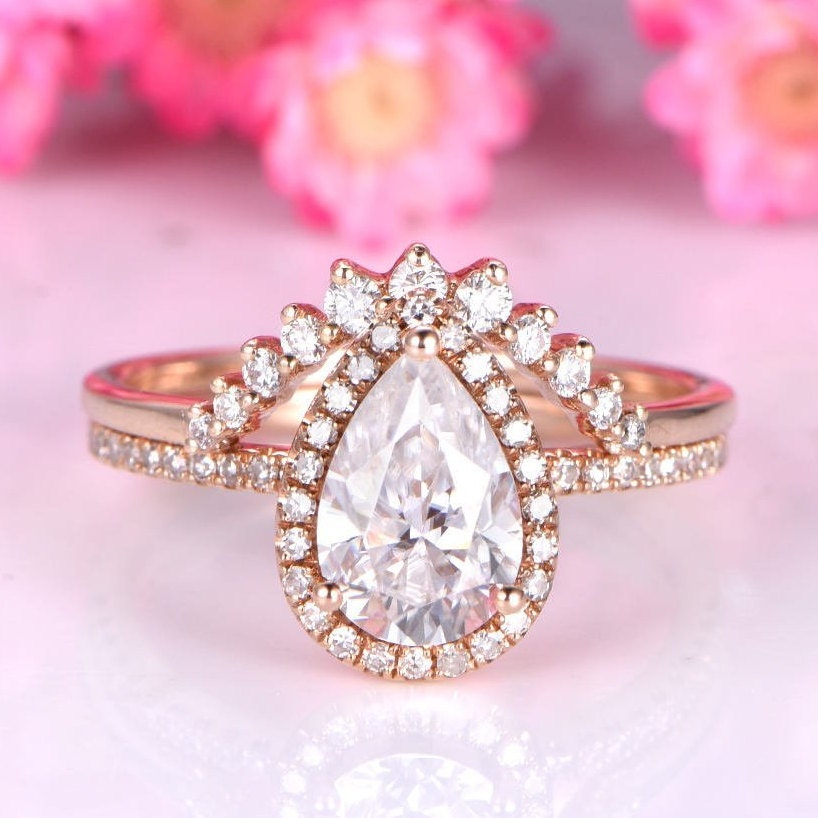 Moissanite engagement ring set 6x9mm pear shape moissanite ring natural diamond curved matching band 14k rose gold promise ring bridal ring