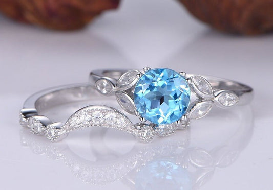 Topaz ring set blue topaz ring 14k white gold bridal ring natural diamond band curved diamond wedding ring matching band promise ring gift