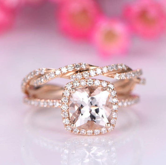 Morganite engagement ring morganite ring set 7mm cushion cut gemstone ring full eternity diamond wedding band diamond ring 14k rose gold