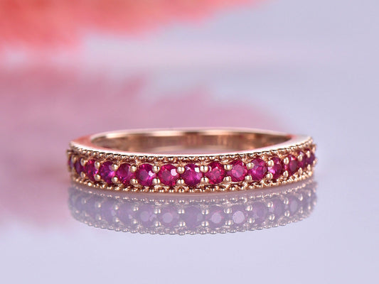 Ruby wedding band 14k rose gold half eternity ring milgrain style July birthstone ring natural gemstone anniversary gift
