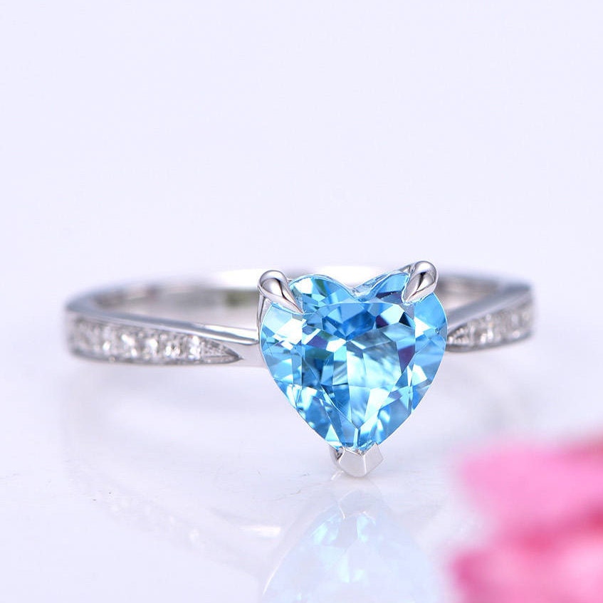 Blue topaz ring 7mm heart shape topaz engagement ring sky blue natural gemstone ring diamond band promise ring bridal ring 14k white gold