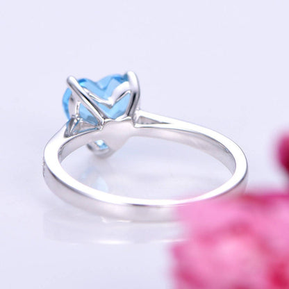 Blue topaz ring 7mm heart shape topaz engagement ring sky blue natural gemstone ring diamond band promise ring bridal ring 14k white gold