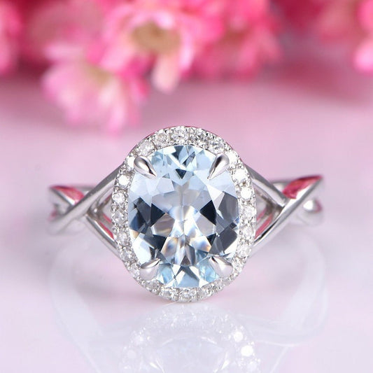 Aquamarine engagement ring 7x9mm oval cut natural aquamarine VS blue gemstone 14k white plain gold band birthstone anniversary ring