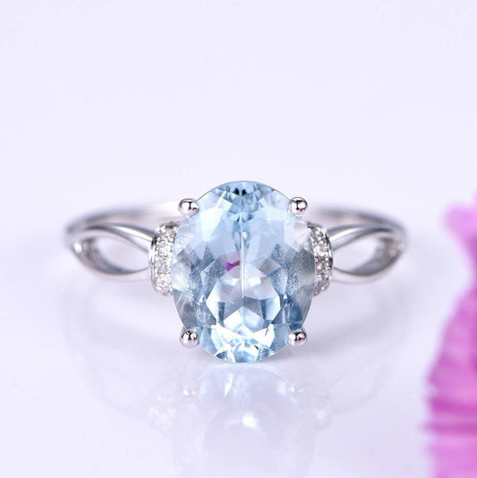 Aquamarine ring 8x10mm oval cut aquamarine engagement ring diamond band split shank solid 14k white gold promise ring bridal ring valentine