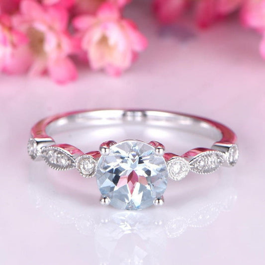 Aquamarine engagement ring 14k white gold art deco diamond wedding band 6.5mm round cut natural blue gemstone anniversary ring bridal ring