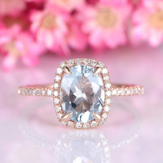 Aquamarine engagement ring 6x8mm oval natural VS aquamarine solid 14k rose gold diamond halo diamond thin band birthstone anniversary ring