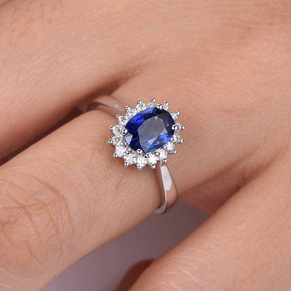 Sapphire ring 0.75ct blue sapphire engagement ring diamond ring diamond halo plain gold band solid 14k white gold bridal ring promise ring