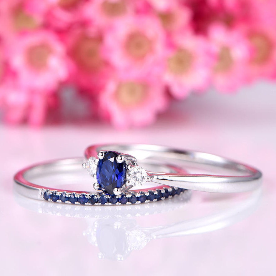 Sapphire ring set 4x5mm oval cut sapphire engagement ring half eternity sapphire matching band14k white gold ring anniversary promise ring