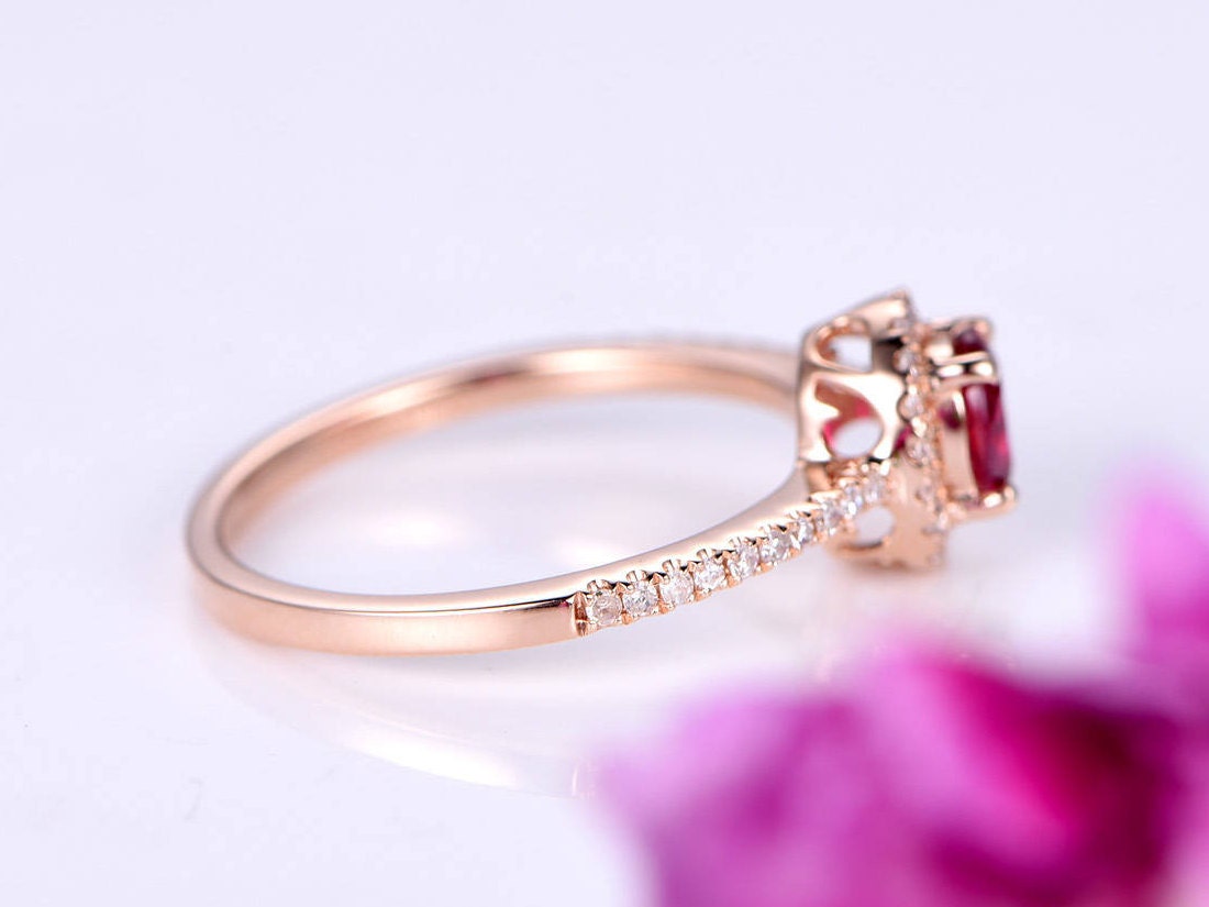 Ruby ring 4x5mm oval cut ruby engagement ring gemstone bridal ring natural gem stone SI-H diamond halo band stacking ring 14k rose gold