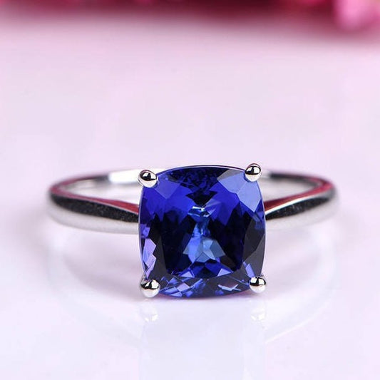 Sapphire engagement ring 9mm cushion cut lab created blue sapphire plain gold band solid 14k white gold anniversary ring custom jewelry