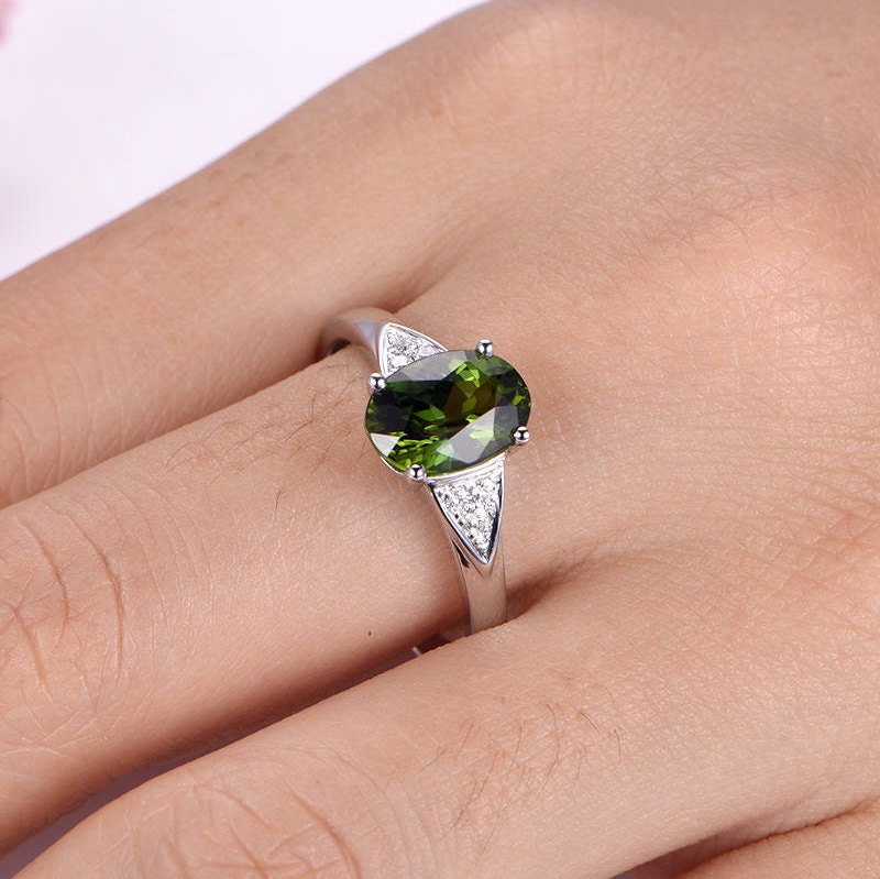 Tourmaline ring green tourmaline engagement ring diamond band 7x9mm oval cut gemstone ring solid 14k white gold bridal ring promise ring