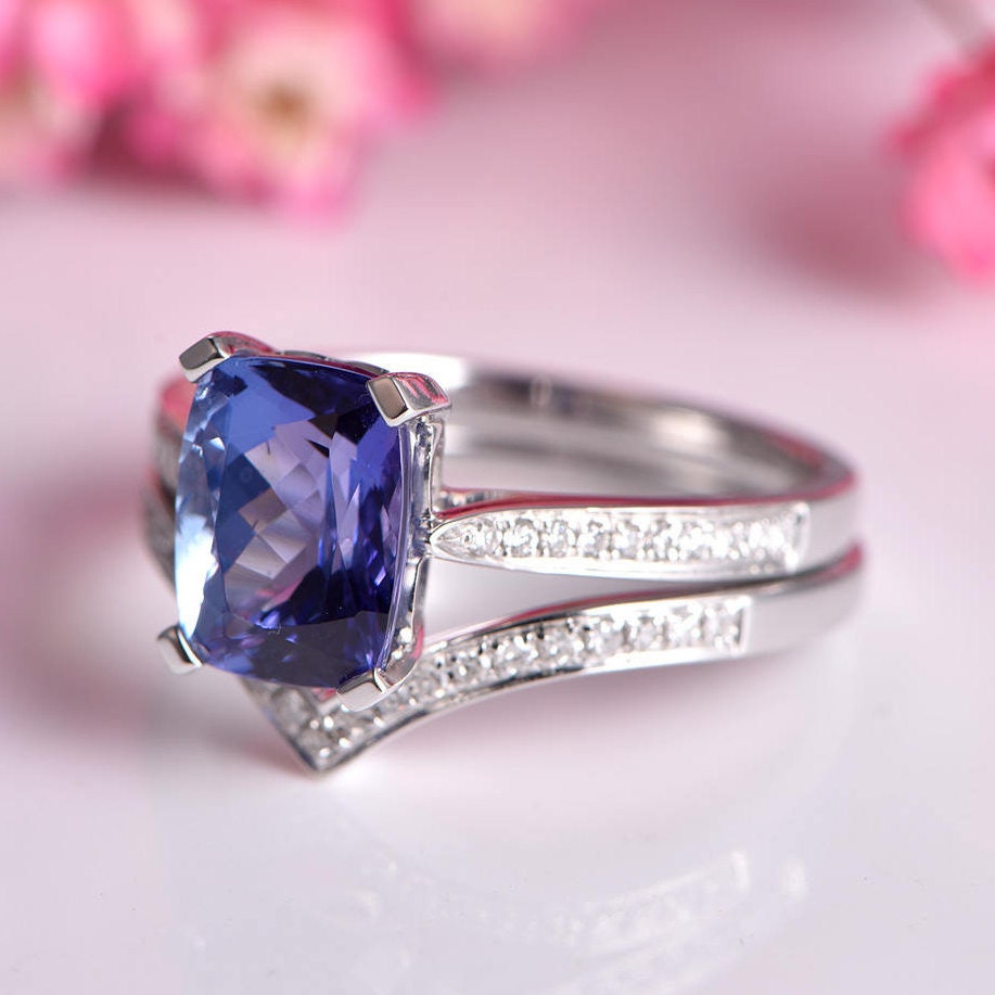 Tanzanite ring set cushion cut tanzanite engagement ring 7x9mm main stone V shape half eternity diamond wedding band solid 14k white gold