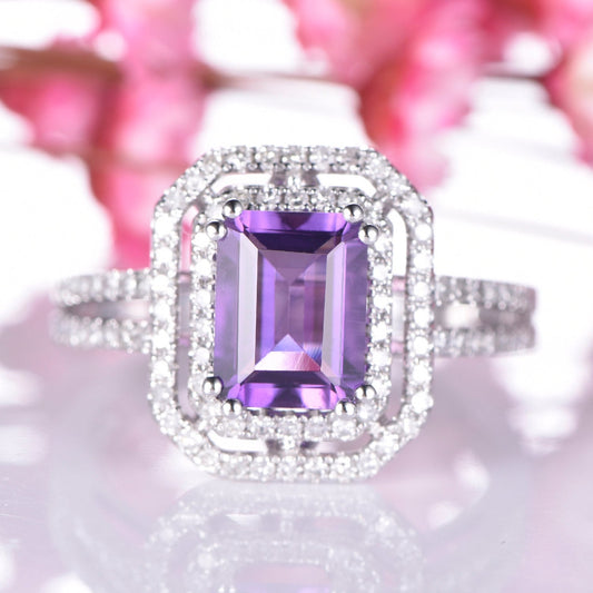 Amethyst engagement ring white gold double halo diamond ring split shank natural gemstone 6X8mm emerald cut IF amethyst birthstone promise