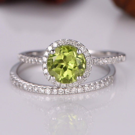 Peridot ring set 7mm round cut green peridot engagement ring birthstone ring half eternity diamond wedding band diamond ring 14k white gold