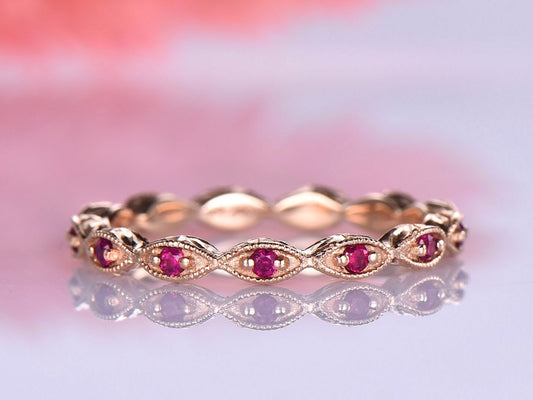 Rose gold ruby wedding band full eternity ring art deco milgrain style natural birthstone everyday rings solid 14k promise ring anniversary
