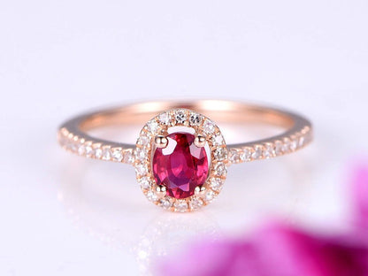 Ruby ring 4x5mm oval cut ruby engagement ring gemstone bridal ring natural gem stone SI-H diamond halo band stacking ring 14k rose gold