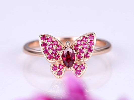 Ruby ring 0.35ct oval shape ruby engagement ring gemstone ring butterfly design anniversary ring solid 14k rose gold promise ring