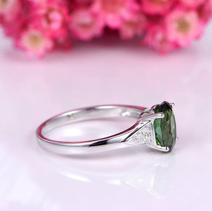 Tourmaline ring green tourmaline engagement ring diamond band 7x9mm oval cut gemstone ring solid 14k white gold bridal ring promise ring