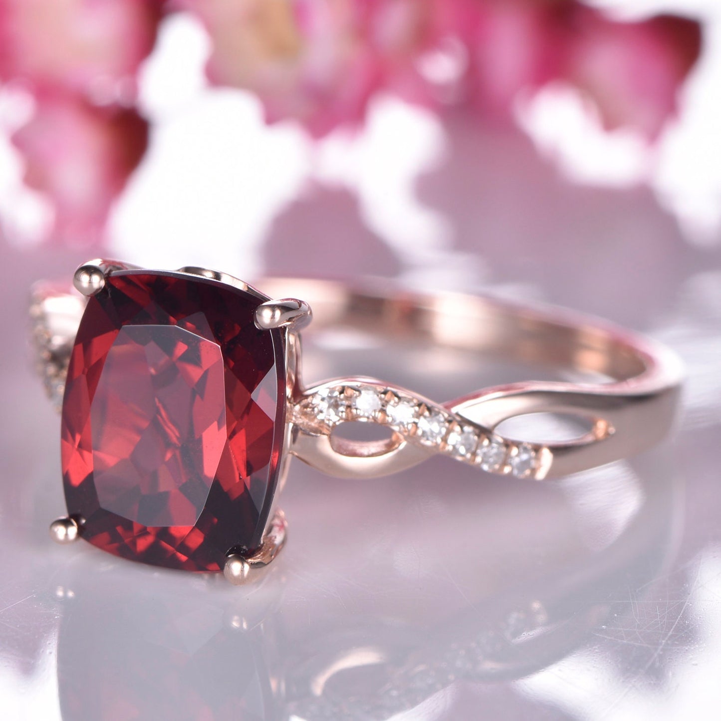 Garnet engagement ring 14k rose gold diamond wedding ring 7X9mm cushion cut natural VS garnet gemstone women promise ring solitaire ring
