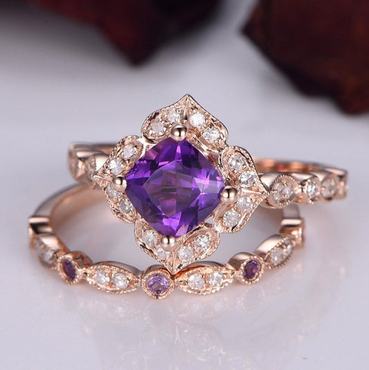 Amethyst ring set 6mm cushion shape amethyst engagement ring set vintage floral ring half eternity amethyst diamond wedding band rose gold