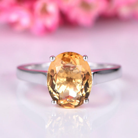 Citrine ring 14k white gold citrine jewelry 8x10mm oval shaped yellow natural stone plain gold band ball prongs set bridal ring