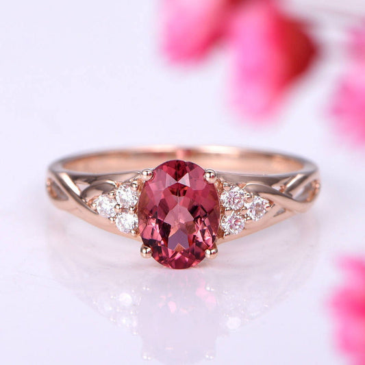 Tourmaline ring 1.5ct pink tourmaline ring full cut diamond wedding band diamond engagement ring soild 14k rose gold promise ring