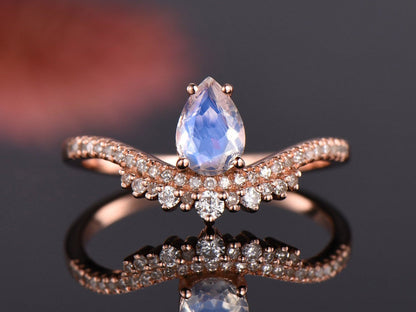 Pear shape engagement ring rose gold moonstone engagement ring vintage women diamond wedding band unique design crown promise bridal 14k