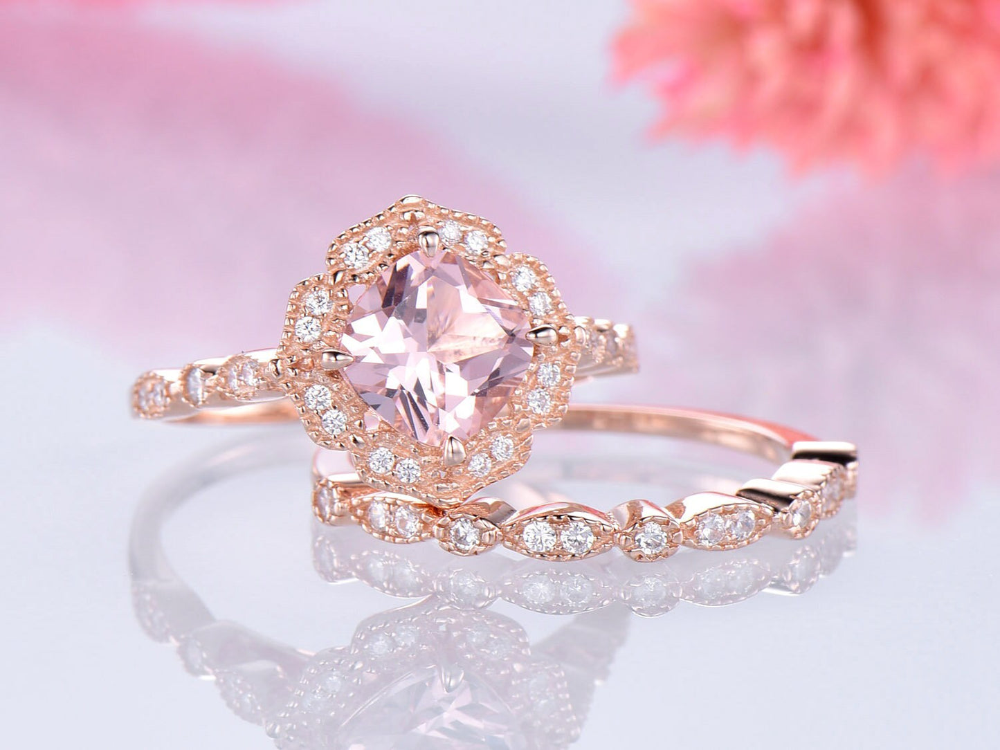 Pink morganite engagement ring art deco CZ wedding band rose gold plated bridal promise ring set 7mm cushion cut morganite wedding ring set