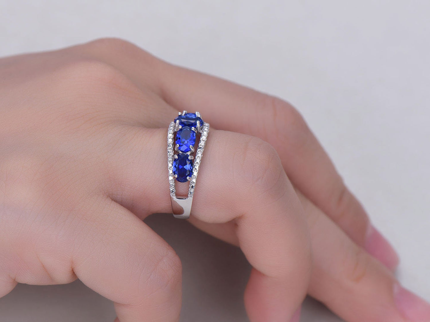Blue sapphire wedding band for men white gold engagement ring 4x6mm oval cut lab created sapphire diamond promise ring solid 14k
