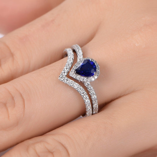 Vintage sapphire engagement ring set white gold blue sapphire ring for women v shape half eternity wedding band stacking promise bridal ring