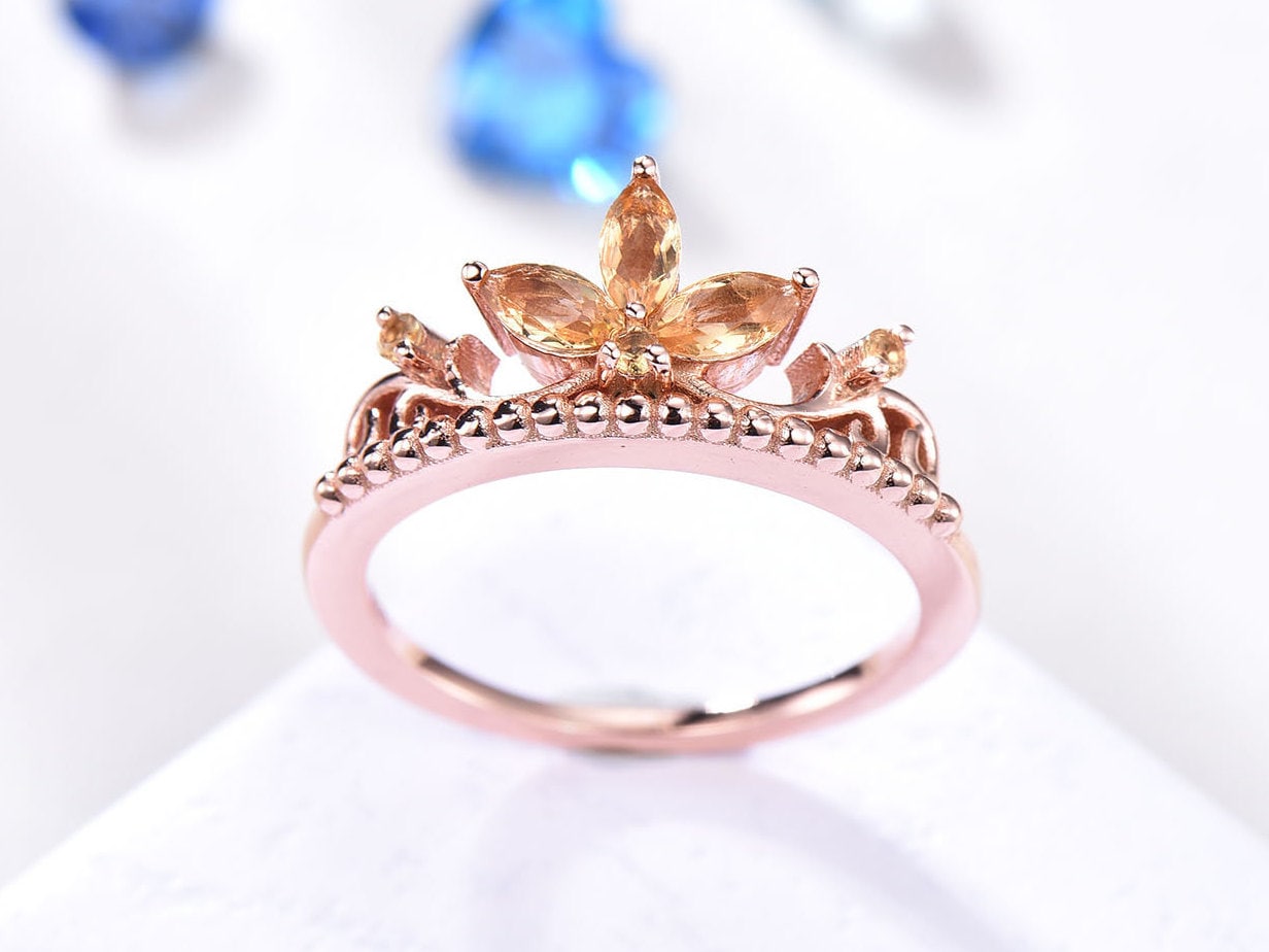 Citrine ring citrine wedding band 14k rose gold floral crown eternity ring natural marquise cut gemstone filigree style anniversary ring