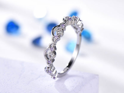 Amethyst diamond wedding band women half eternity ring 14k white gold natural gemstone floral loop promise bridal anniversary jewelry