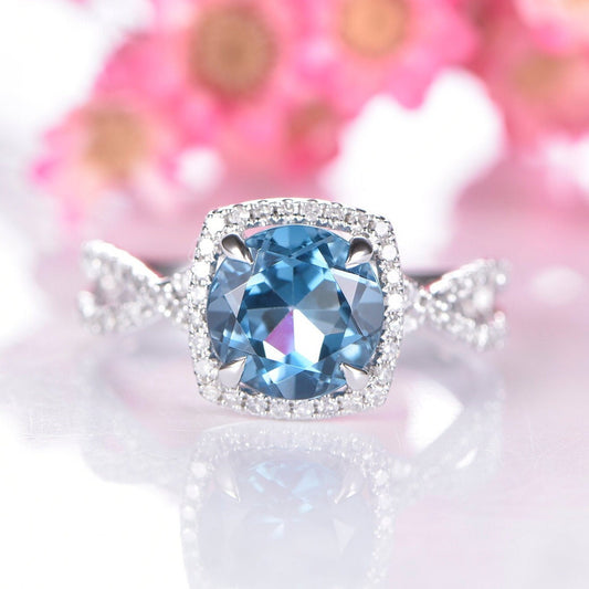 London blue topaz engagement ring white gold diamond wedding ring natural gemstone promise bridal twisted band 8mm round cut topaz 14k