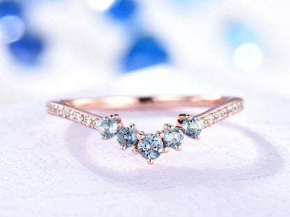 V shape topaz diamond wedding band curved stacking matching band London blue topaz half eternity ring solid 14k rose gold promise bridal